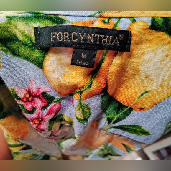 For Cynthia Blue/Lemon Linen Sleeveless Shift Dress Lace Up Tie SZ M - Picture 3 of 3